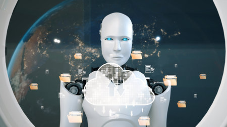 AI artificial intelligence optimizes cloud infrastructure with virtual assistants and intelligent automation, improving scalability, security, and digital business continuity.の写真素材