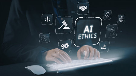 AI is transforming society, raising important ethics questions. Ethics in AI design ensures fairness. AI ethics promote responsible decisions. Balancing AI power with strong ethics is essential. Elideの写真素材