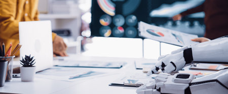 A modern workspace showcasing the integration of robotics in business, featuring digital charts,...