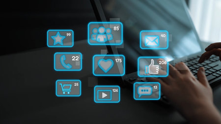 Icons representing social media interaction, communication, and engagement. Social media builds...
