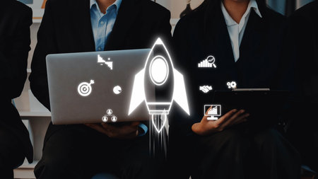A professional team engaged in a discussion about growth strategy, represented visually with a...