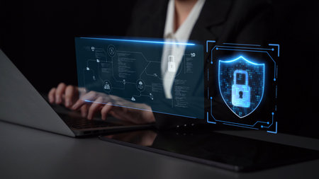 Cyber security protection and cyber security strategies against cyber threats, system hacks, digital breaches, network attacks, and safeguarding data with strong cyber security infrastructure.の写真素材