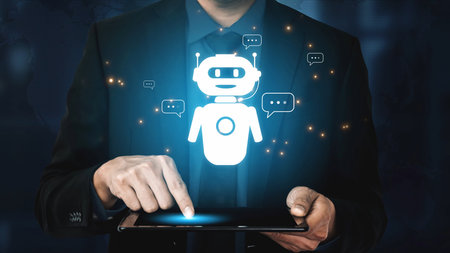 AI chatbot virtual assistant interacting with users through AI conversation bubbles, symbolizing AI...