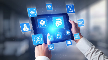 Data privacy and cyber security icons show encryption, data privacy safeguards, and cyber security...
