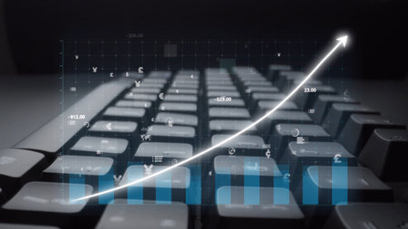This image presents a creative visualization of financial data and growth trends overlaying a...
