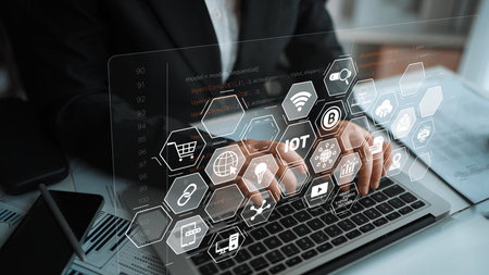 AI and IoT form an intelligent digital infrastructure linking data, connectivity, analytics, blockchain, cloud, and security systems in a seamless network.の写真素材