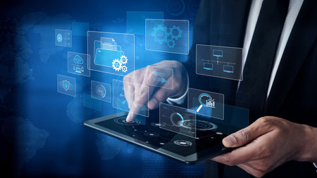 Digital business infrastructure with data system, analytics, sync. System management improves...