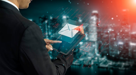 Phishing email alert concept showing digital envelope with warning sign represents data theft,...
