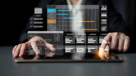 Gantt chart displaying project timelines, task progress, and workflow management in a business dashboard interface Parseの写真素材