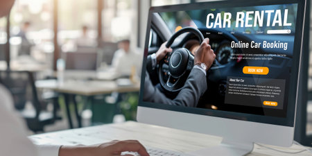 car rental website on computer screen for tourist to rent a car for transportation briskの素材