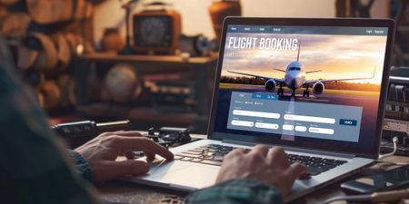 Online flight booking website provide brisk reservation system . Travel technology concept .の素材