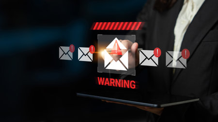 A visual depiction of a warning alert for an email security breach, highlighting cybersecurity measures essential for protecting sensitive data and enhancing online safety.の写真素材