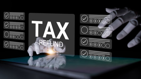 A modern depiction of digital tax refund processing featuring robotic hands interacting with virtual checklists, symbolizing advanced financial management technology.の写真素材