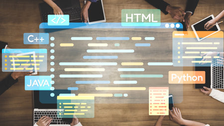 Software development with coding overlays, programming languages, developer tools, mobile app...