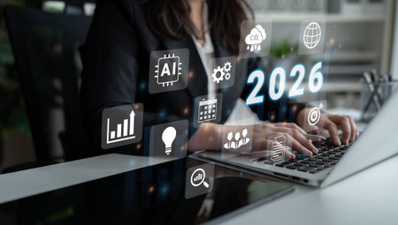 Digital icons, analytics symbols, and glowing number 2026 representing business goals, innovation,...