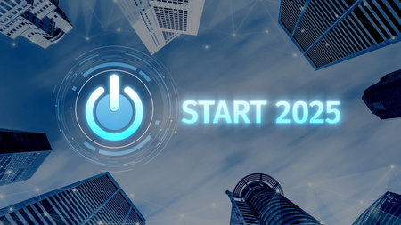 Start 2025 concept with futuristic power button symbolizing fresh beginnings, innovation, and...