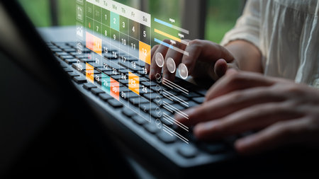 A close-up image of hands typing on a laptop keyboard, showcasing a futuristic holographic interface...