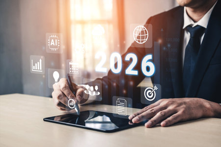 Digital icons, analytics symbols, and glowing number 2026 representing business goals, innovation,...