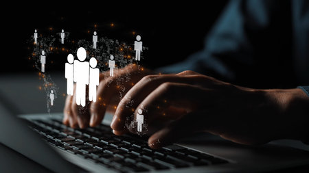 Global human network and workforce distribution highlight human, network, and global presence through digital connection and team coordinationの写真素材