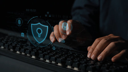 Cyber security interface with biometric and AI-powered protection system. Cyber security secures access, cybersecurity protects identity, cybersecurity detects threats, and defends data.の写真素材