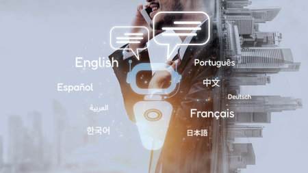 Global communication with multiple languages, digital translation tools, multilingual technology,...