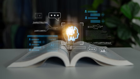 AI chatbot interface, communication bubbles, and connected data elements representing automated...