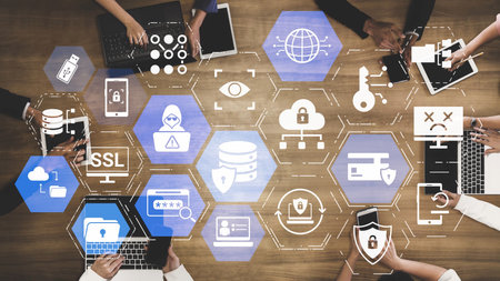 Data privacy and cyber security icons show encryption, data privacy safeguards, and cyber security...
