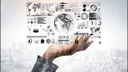 Data center monitoring dashboard visualize network performance, connection status, usage rate, and telecommunication insight. Data center monitoring efficiency improvement network transparency. Thunkの写真素材