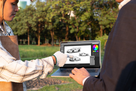 Electric car design software on computer screen showing simulation blueprint brisk by digital calculating application for manufacturing preparationの素材