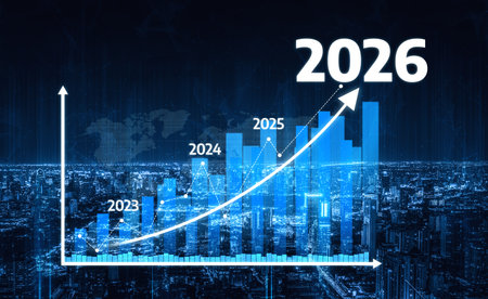 This image illustrates a futuristic financial growth concept showcasing a rising graph over a city...