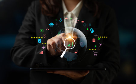 A concept of global market analysis and e-commerce business growth. Researching worldwide trends, sales data, and customer ratings for success. Motifの写真素材