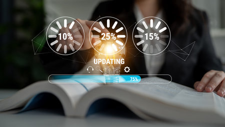 A concept of a system update and software installation. A progress bar and loading icons showing the...