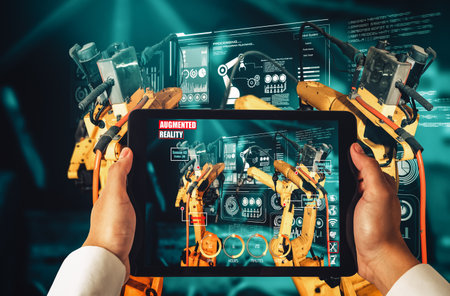Engineer controls robotic arms by augmented reality industry technology application software. Smart...