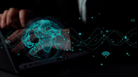 A captivating visual representation of a digital network showcasing global connectivity, data flow,...
