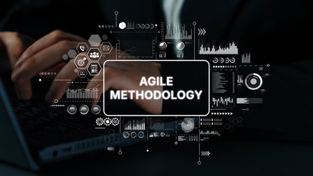 Dynamic Agile Methodology Concept with Hands Typing on Keyboard Surrounded by Analytical Graphics and Data Visuals. Asymptotic smart data analytic.の写真素材