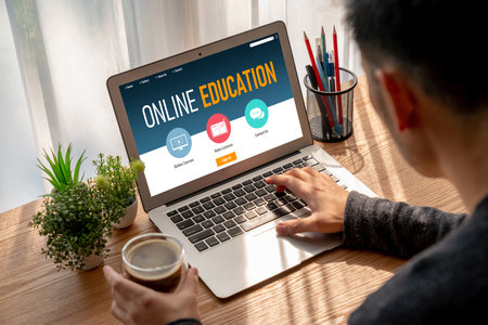 E-learning website with modish sofware for student to study online on the internet networkの写真素材