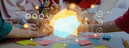 A dynamic team collaborates on a project, utilizing sticky notes and digital tools in a vibrant...