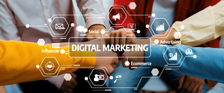 A dynamic scene showcasing diverse hands coming together in a collaborative effort, emphasizing digital marketing strategies and innovative teamwork in the business landscape. Amityの写真素材