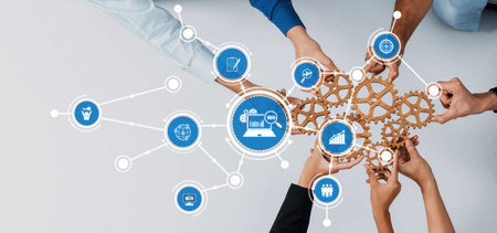 This image illustrates the concept of collaboration in a modern work environment, combining gears...