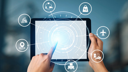 Logistics icons illustrate delivery, supply chain, warehouse, and shipping. Logistics connects...