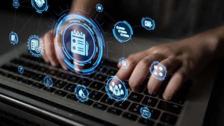 Concept of task management optimizes business efficiency. This system streamlines workflows,...