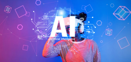 A young woman engages with virtual reality technology through a VR headset, immersed in the innovative world of artificial intelligence, exploring endless possibilities.の写真素材