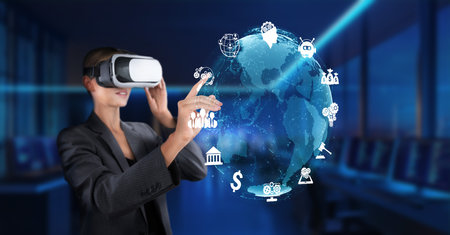 A businesswoman interacts with virtual data using a VR headset in a sleek office, symbolizing the...