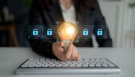 Digital security concept illustrating a cybersecurity breach, with a red unlocked padlock indicating...