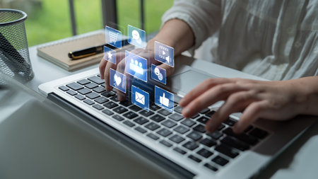 Icons representing social media interaction, communication, and engagement. Social media builds community, social media drives connection, and social media influences behavior.の写真素材