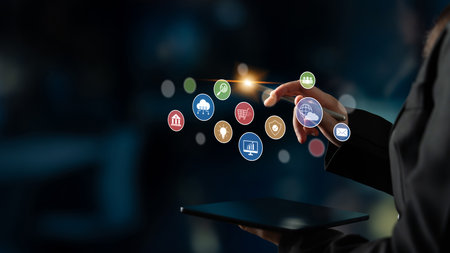 Set of business and digital service icons representing finance, cloud, analytics, email, communication, ecommerce, cybersecurity, and global connectivity in a modern ecosystemの写真素材