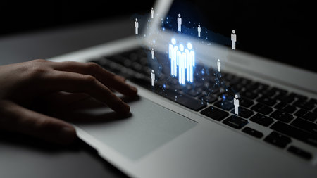 Global human network and workforce distribution highlight human, network, and global presence through digital connection and team coordinationの写真素材