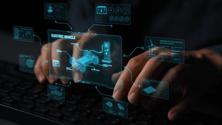 Technical layout of electric vehicle showing battery system, power control, traction motor, charging interface, and integration with renewable and smart energy sourcesの写真素材
