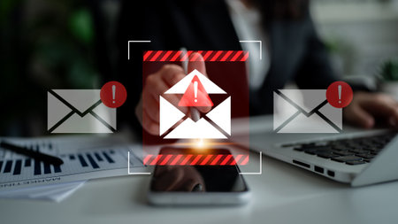 Business professional analyzing emails with warning notifications against a modern office backdrop to emphasize digital communication risks and alerts Gantry.の写真素材