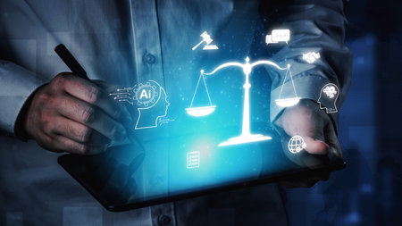 AI is transforming society, raising important ethics questions. Ethics in AI design ensures fairness. AI ethics promote responsible decisions. Balancing AI power with strong ethics is essential.の写真素材